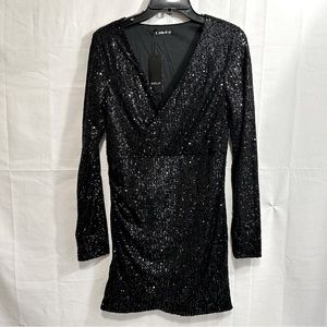 Sheilay Womens Sequin Long Sleeve V-Neck Wrapped Ruched Side Mini Dress Black M